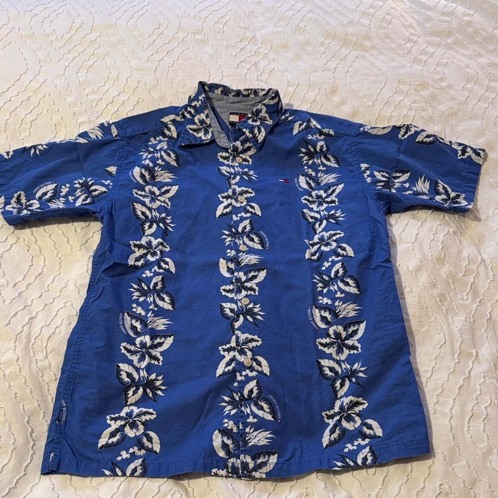 Tommy Hilfiger Blue and White Leaf Print Shirt